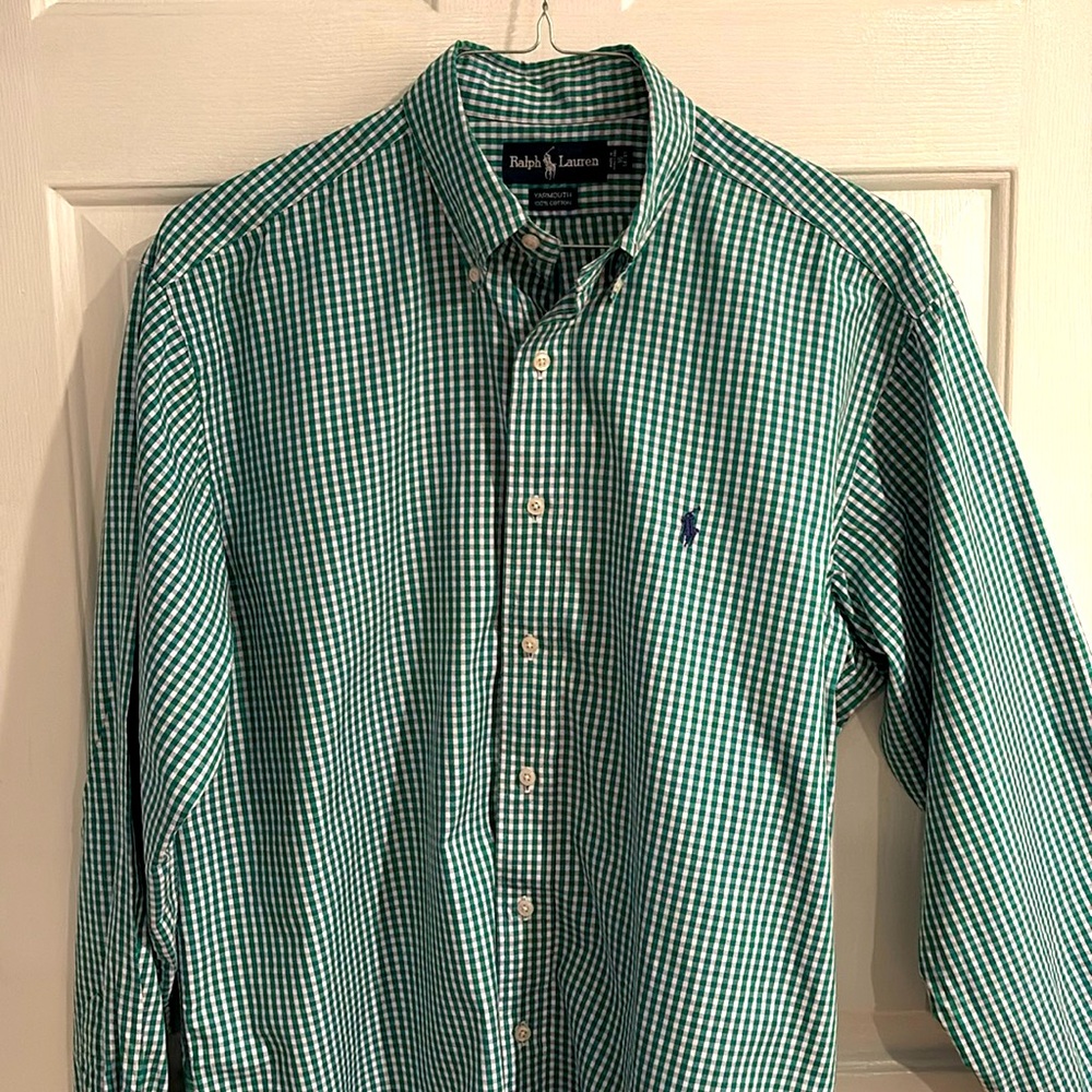 Ralph Lauren Yarmouth Business Casual Mens Green Check Button Down Shirt Size Lg